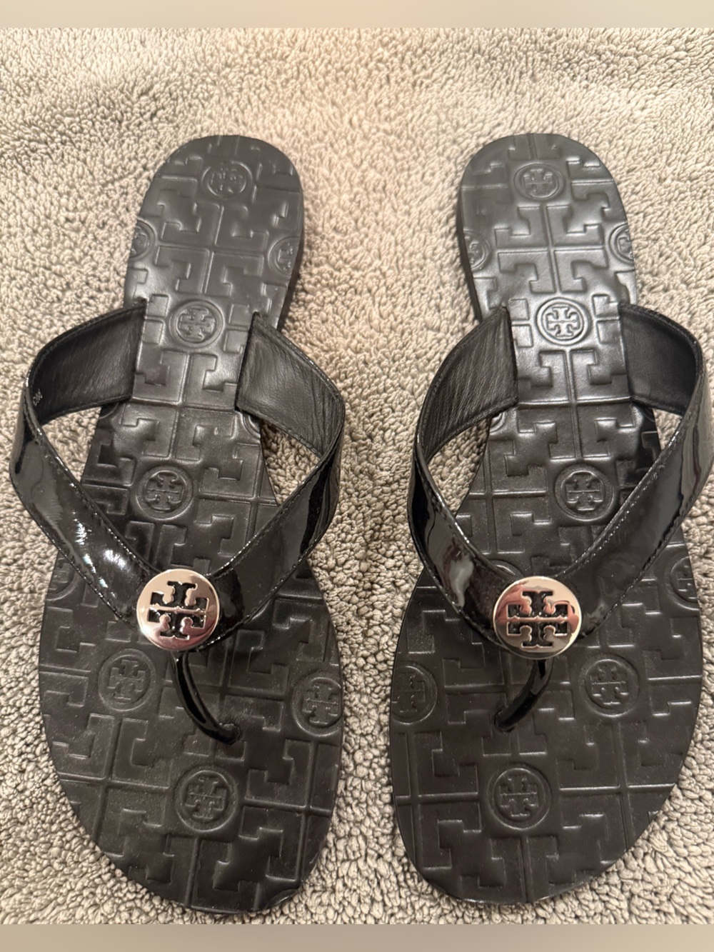 Tory Burch Black Patent Logo Thong Sandals with Gold Medallions
